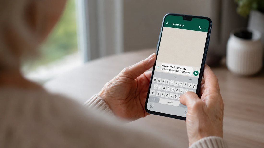 Mary typing a WhatsApp message to the pharmacy: I would like to order my repeat prescription please