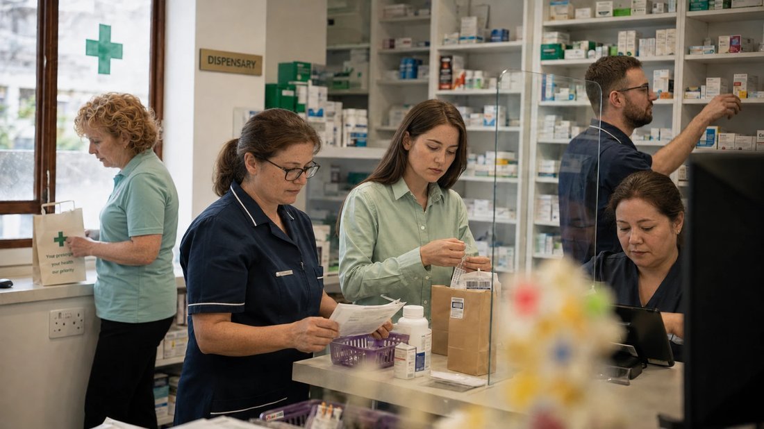 A busy dispensary at midday — staff dispensing and serving while a customer waits at the counter.