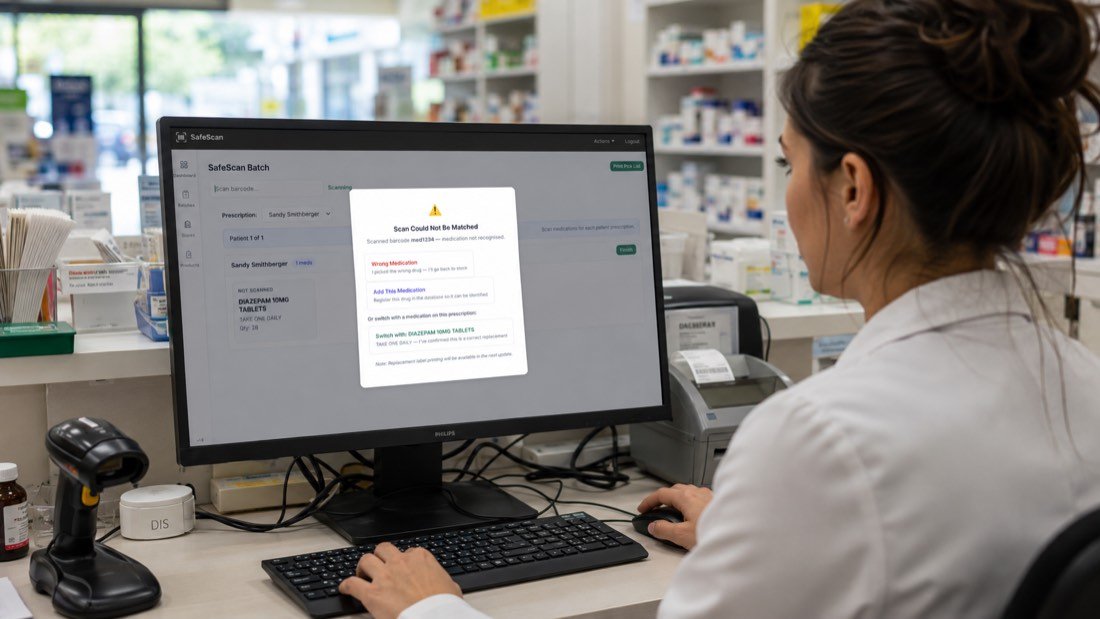 The SafeScan batch screen at the dispensary bench, showing a scanned pack that could not be matched to the prescription, with the wrong medication flagged.
