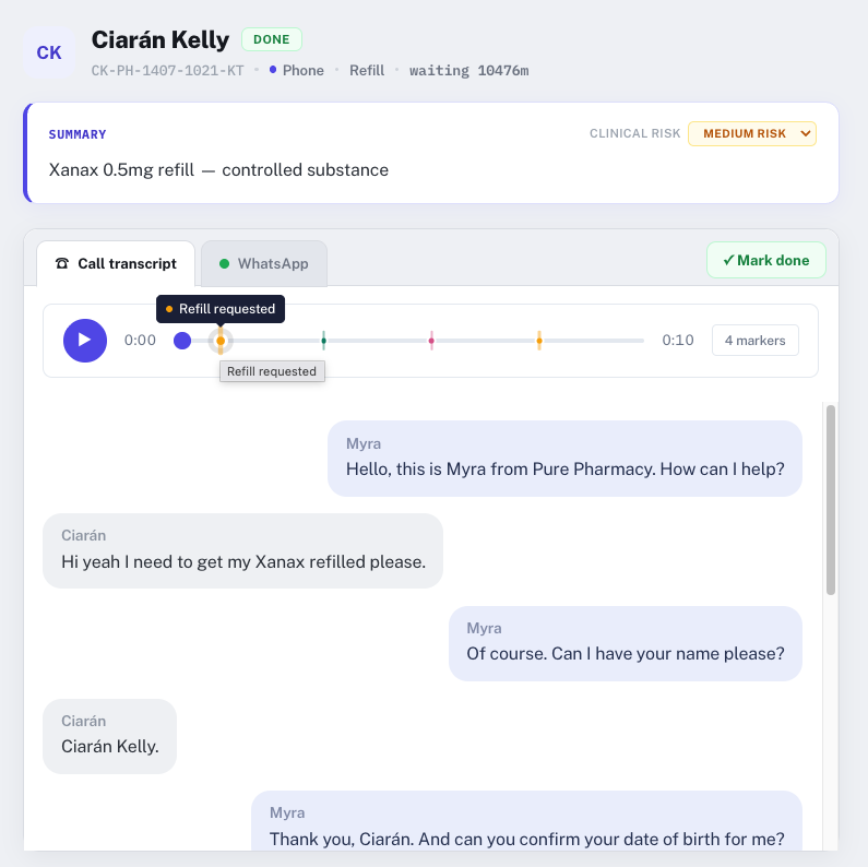 A call transcript with timeline markers